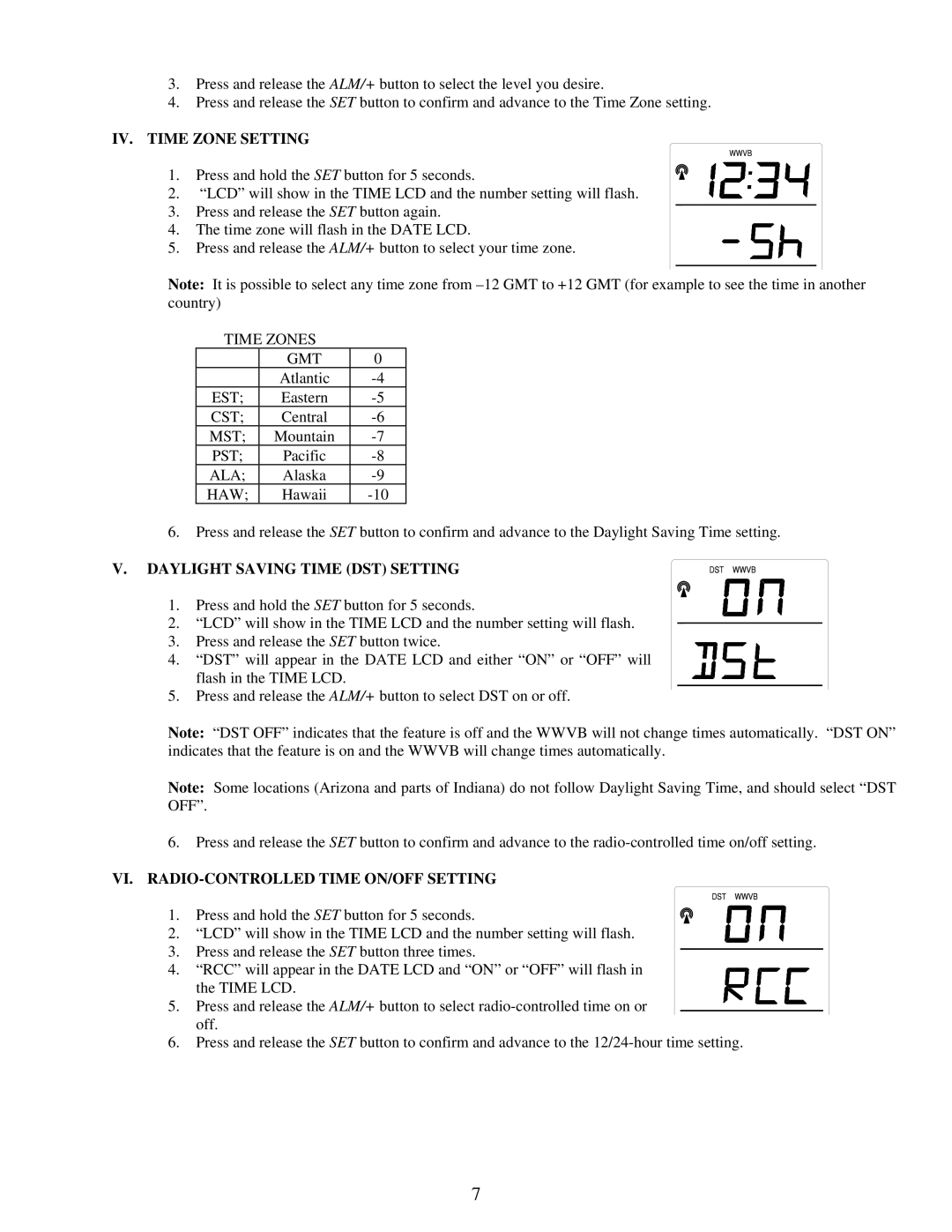 La Crosse Technology WS-7395U instruction manual IV. Time Zone Setting, Daylight Saving Time DST Setting 