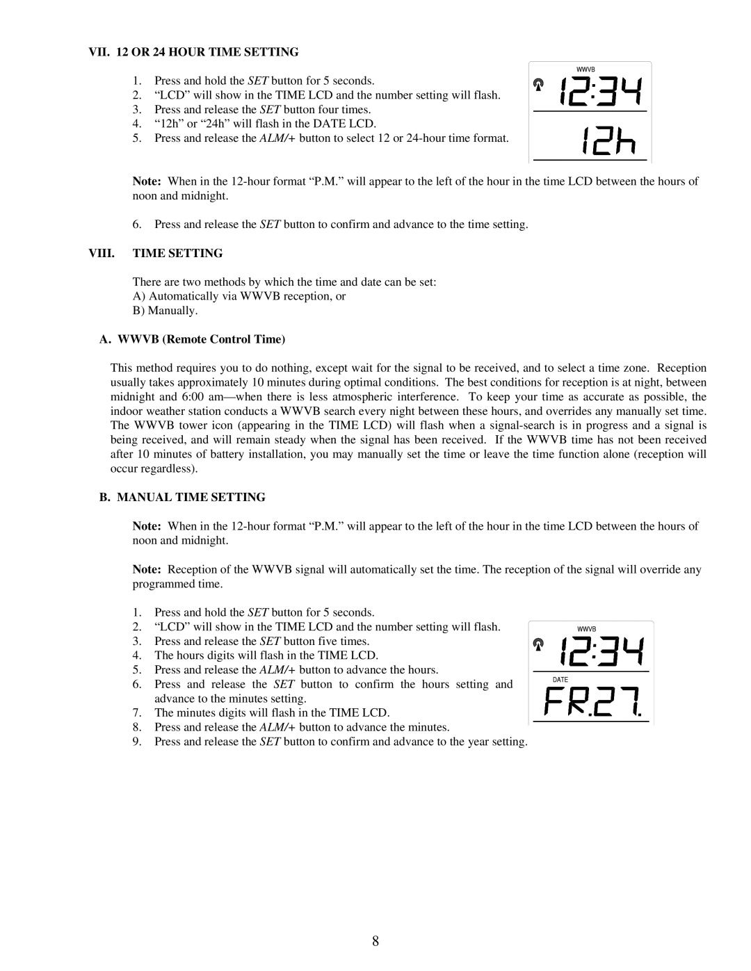 La Crosse Technology WS-7395U instruction manual VII or 24 Hour Time Setting, VIII. Time Setting, Wwvb Remote Control Time 