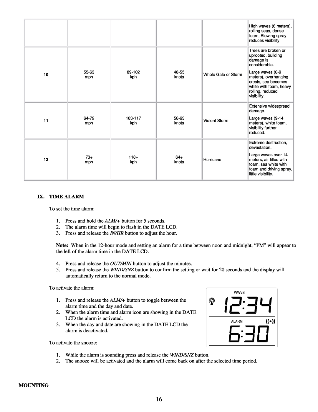 La Crosse Technology WS-7395U instruction manual Ix. Time Alarm, Mounting 