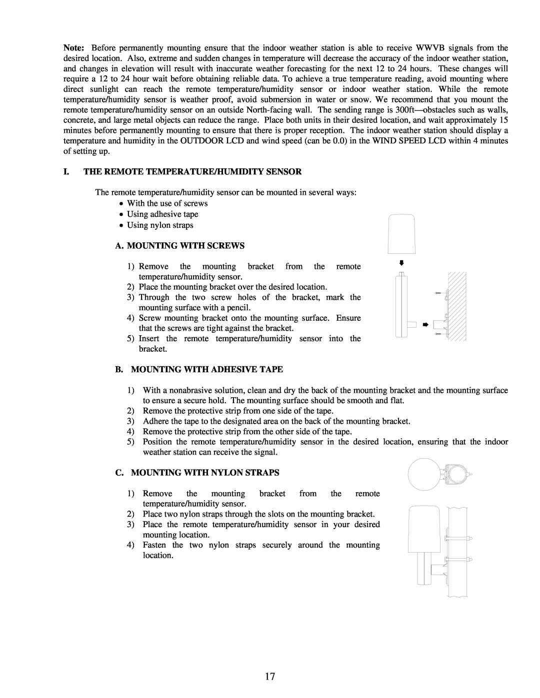 La Crosse Technology WS-7395U instruction manual I.The Remote Temperature/Humidity Sensor, A. Mounting With Screws 