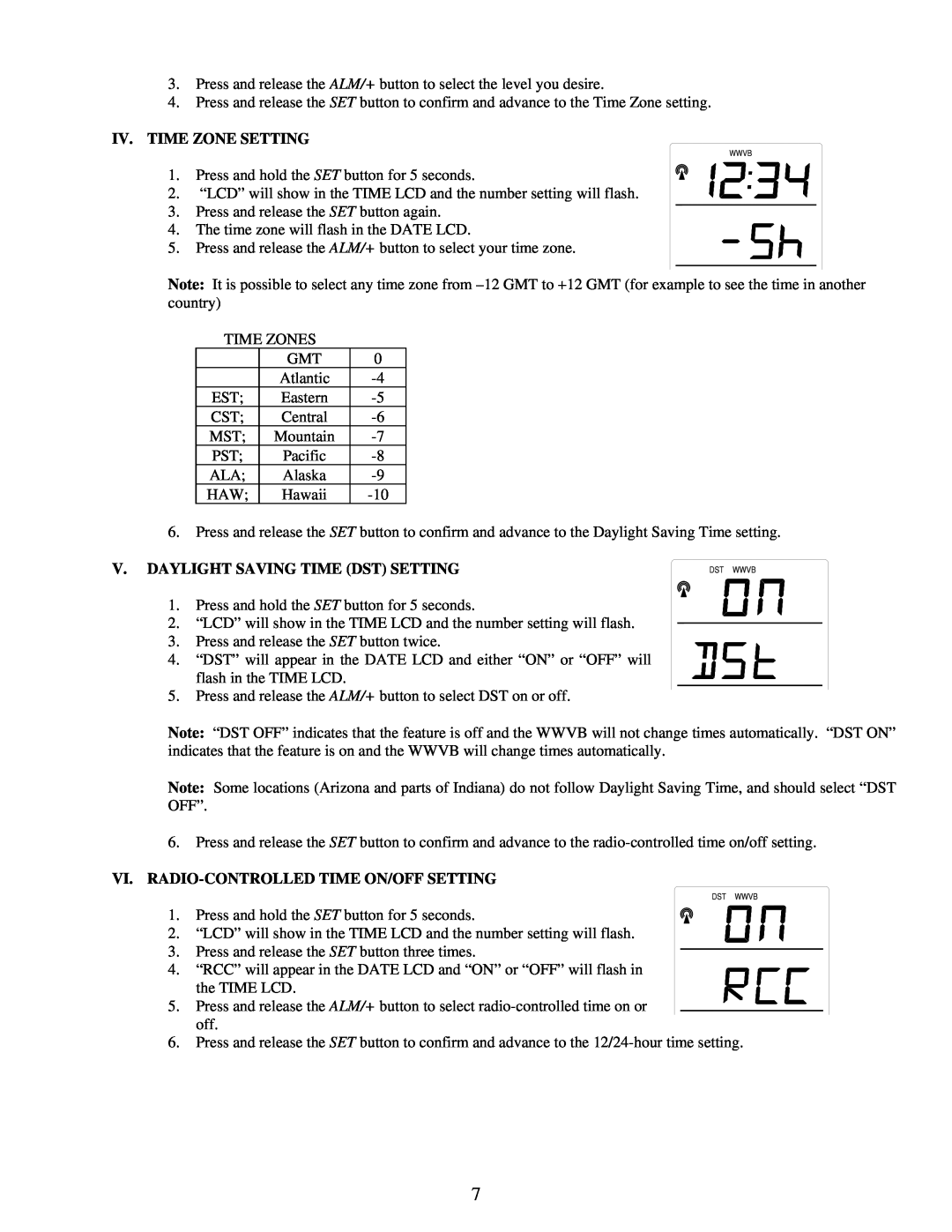 La Crosse Technology WS-7395U instruction manual Iv. Time Zone Setting, V. Daylight Saving Time Dst Setting 