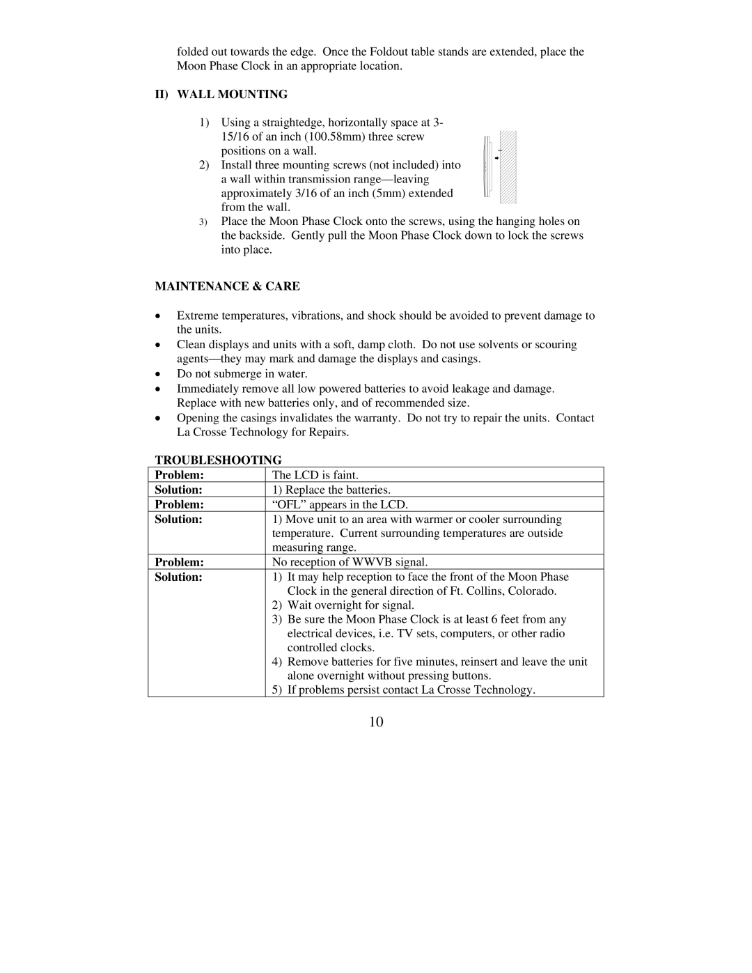 La Crosse Technology WS-8001U instruction manual II Wall Mounting, Maintenance & Care, Troubleshooting, Problem, Solution 