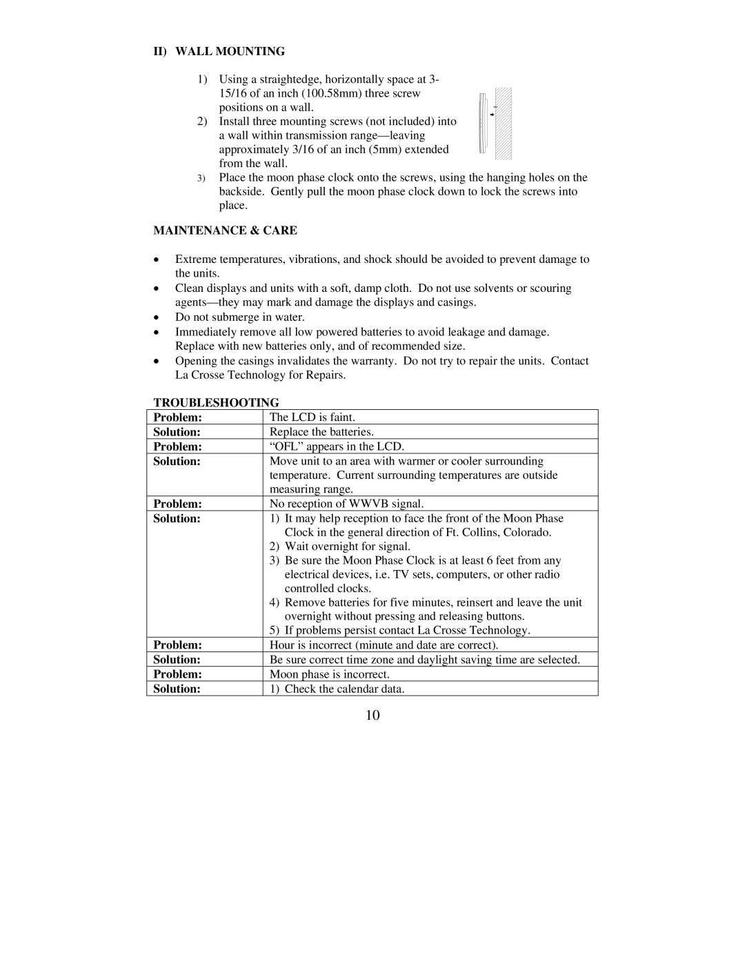 La Crosse Technology WS-8007U instruction manual II Wall Mounting, Maintenance & Care, Troubleshooting 