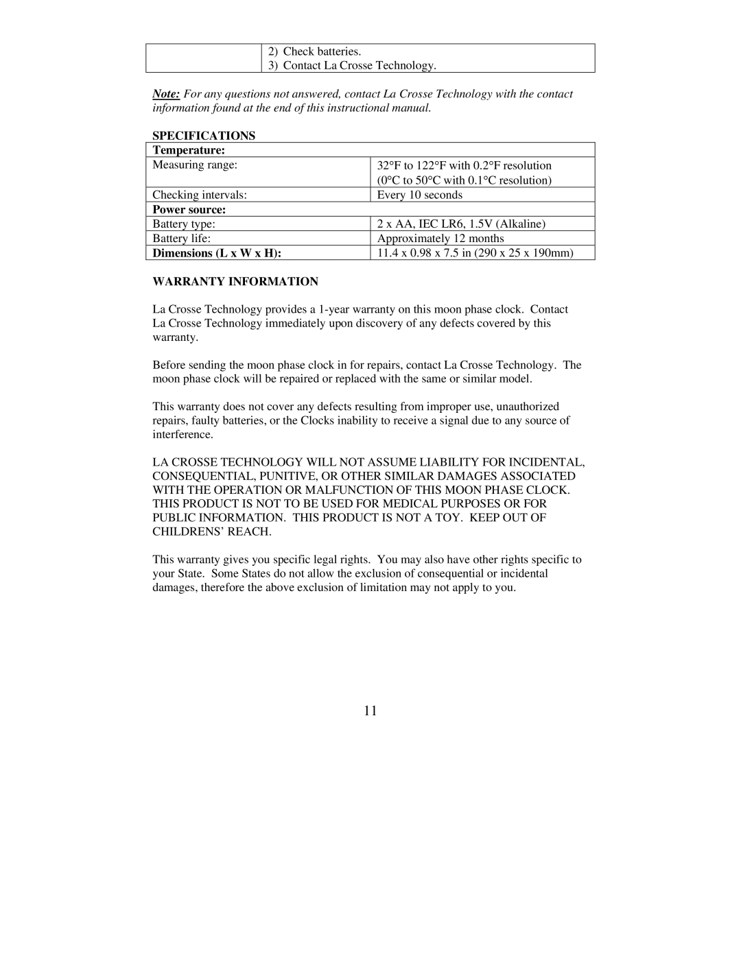 La Crosse Technology WS-8007U instruction manual Specifications, Warranty Information 