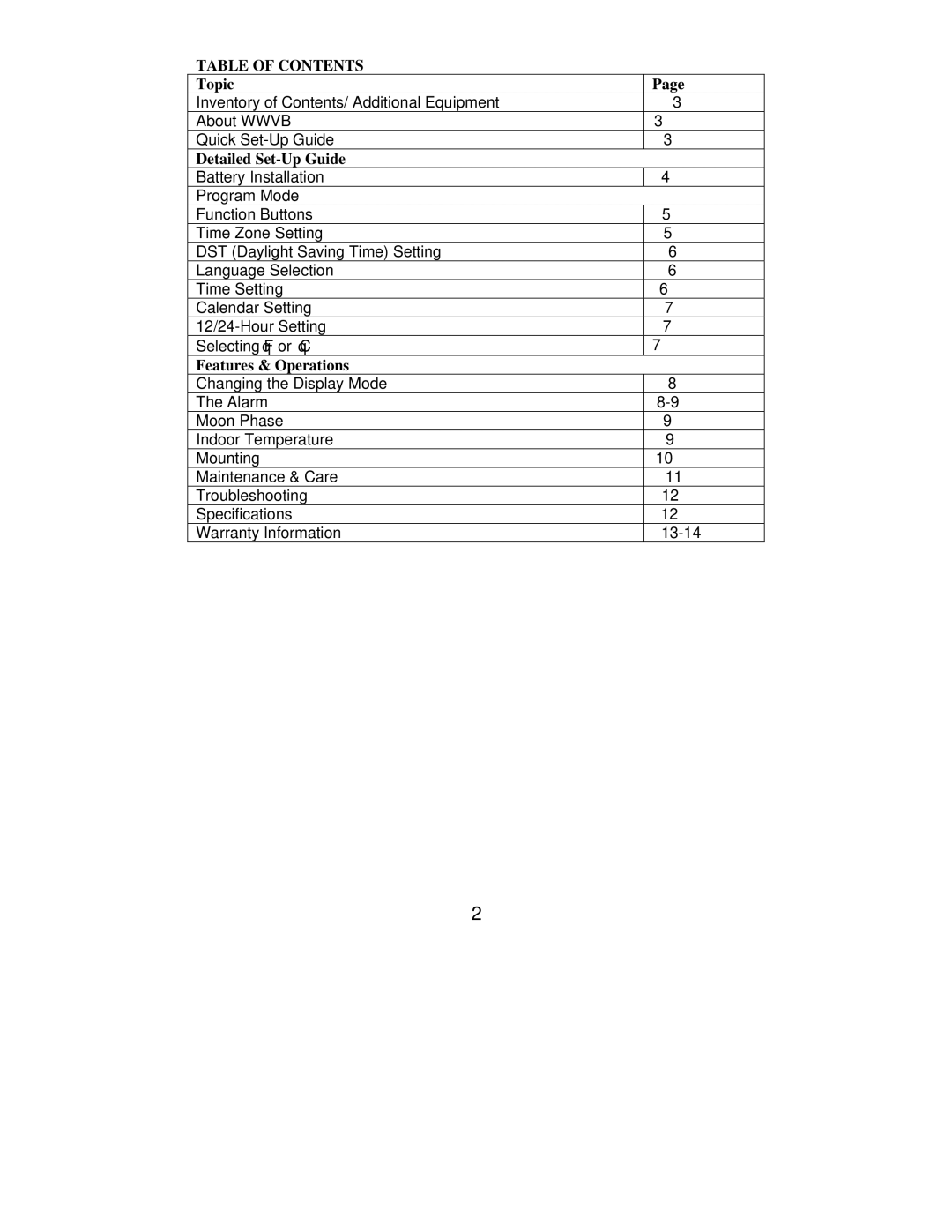 La Crosse Technology WS-8007U instruction manual Table of Contents 