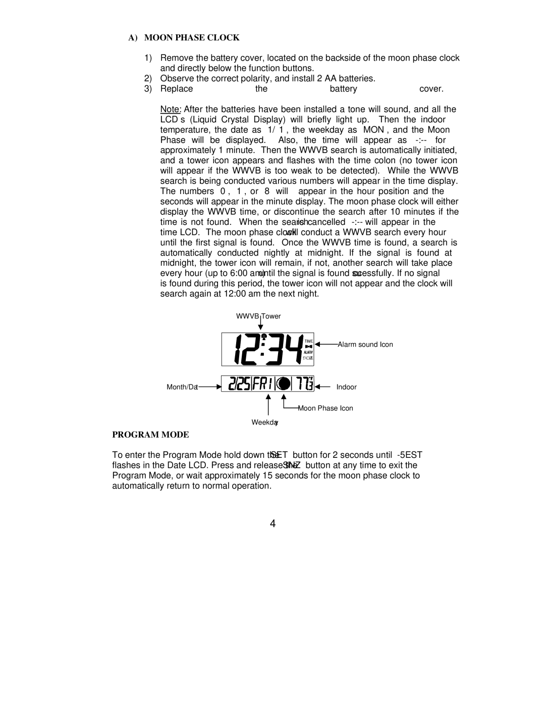 La Crosse Technology WS-8007U instruction manual Moon Phase Clock, Program Mode 