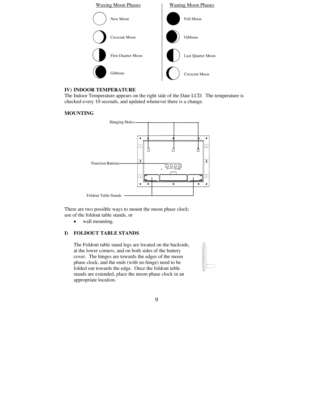 La Crosse Technology WS-8007U instruction manual IV Indoor Temperature, Mounting, Foldout Table Stands 