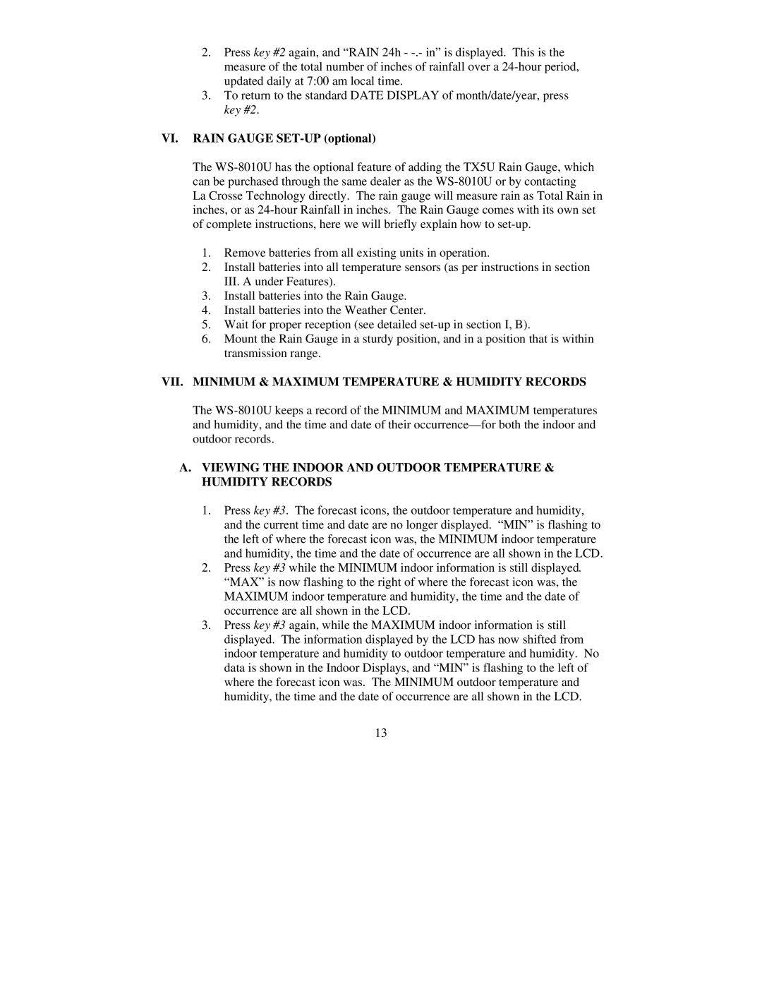 La Crosse Technology WS-8010U VI. Rain Gauge SET-UP optional, VII. Minimum & Maximum Temperature & Humidity Records 