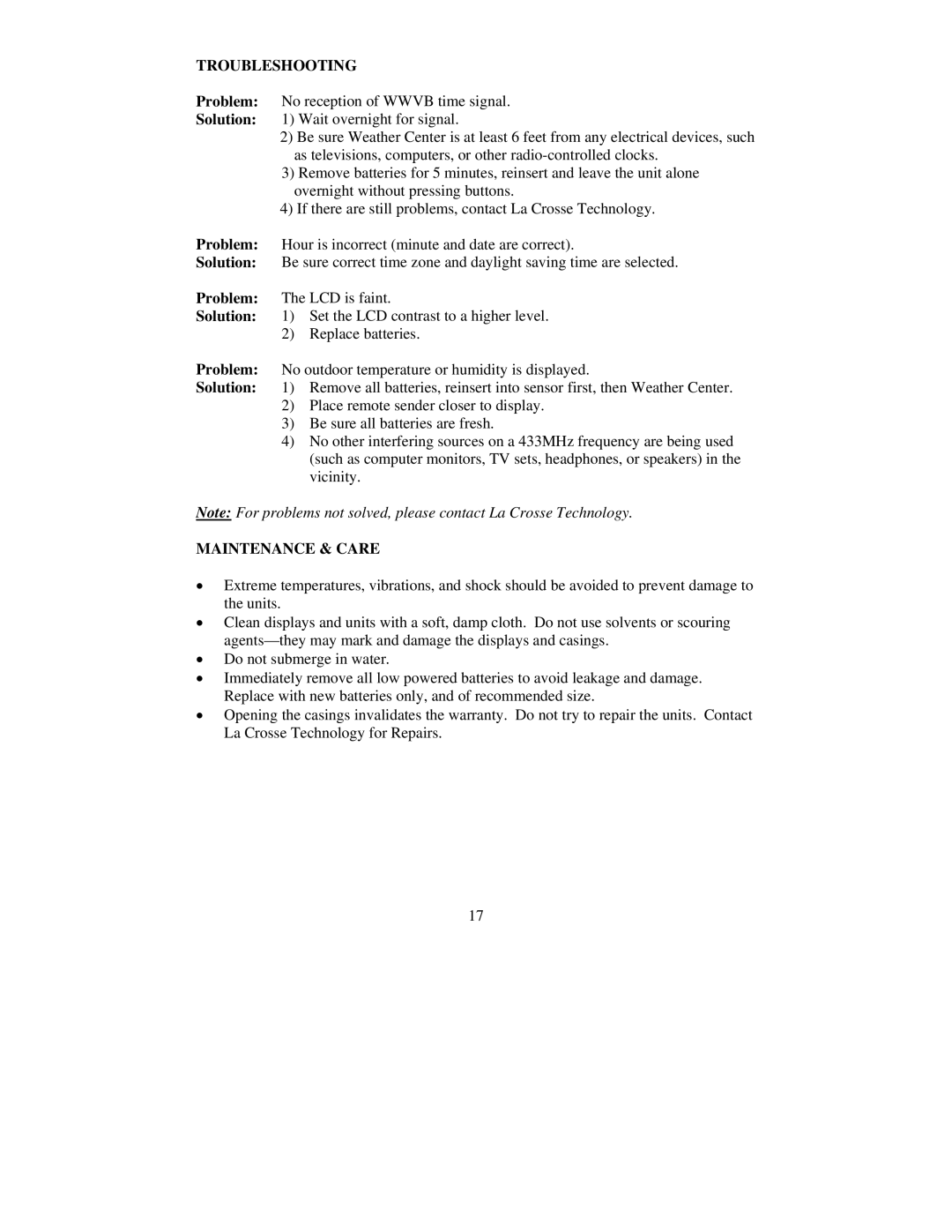 La Crosse Technology WS-8010U instruction manual Troubleshooting, Problem, Solution, Maintenance & Care 