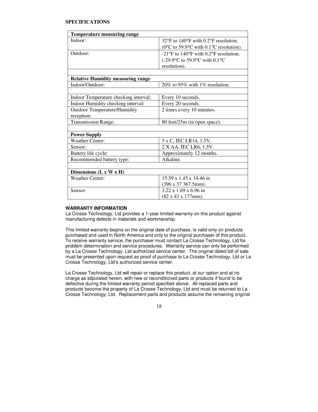 La Crosse Technology WS-8010U Specifications, Temperature measuring range, Relative Humidity measuring range, Power Supply 