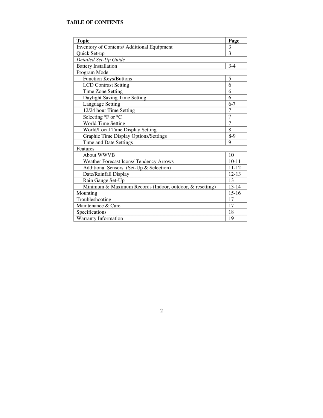 La Crosse Technology WS-8010U instruction manual Table of Contents 