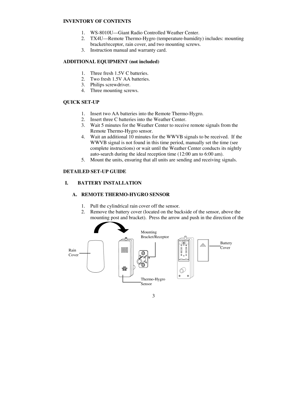 La Crosse Technology WS-8010U instruction manual Inventory of Contents, Quick SET-UP 