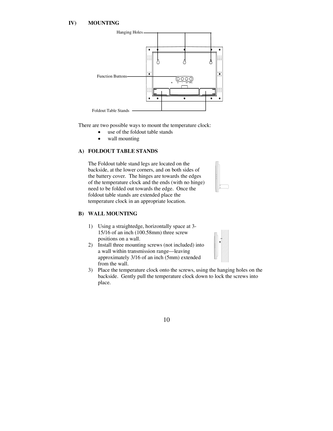 La Crosse Technology WS-8011UM instruction manual IV Mounting, Foldout Table Stands, Wall Mounting 