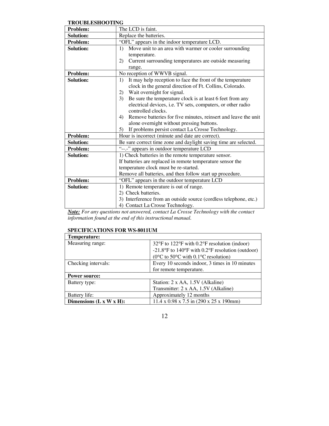 La Crosse Technology instruction manual Troubleshooting, Specifications for WS-8011UM 