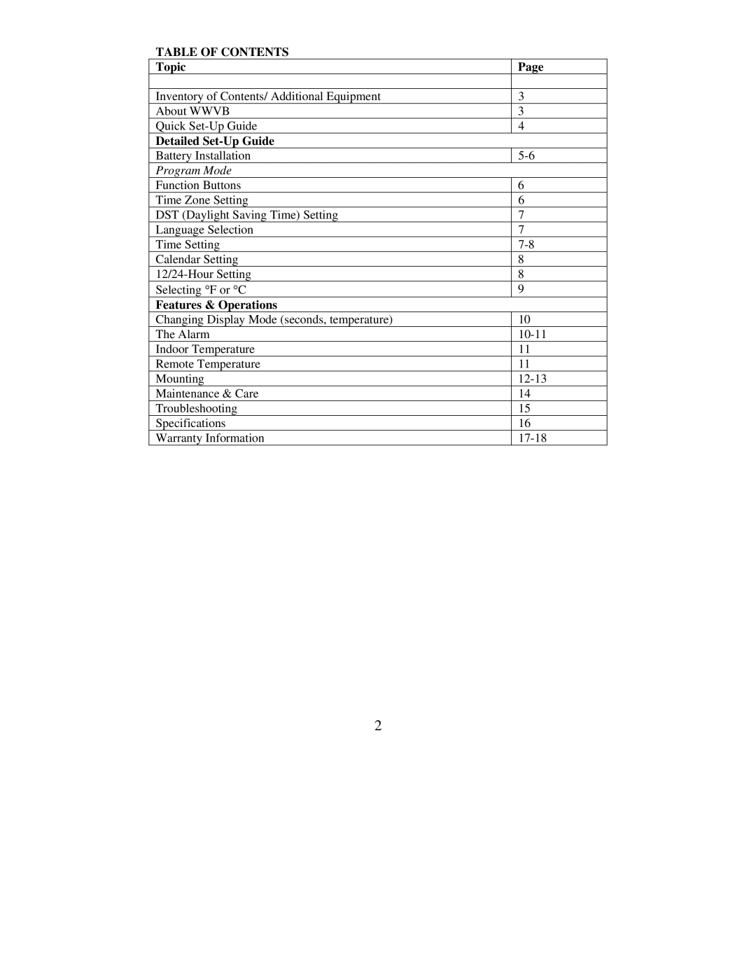 La Crosse Technology WS-8011UM instruction manual Table of Contents 