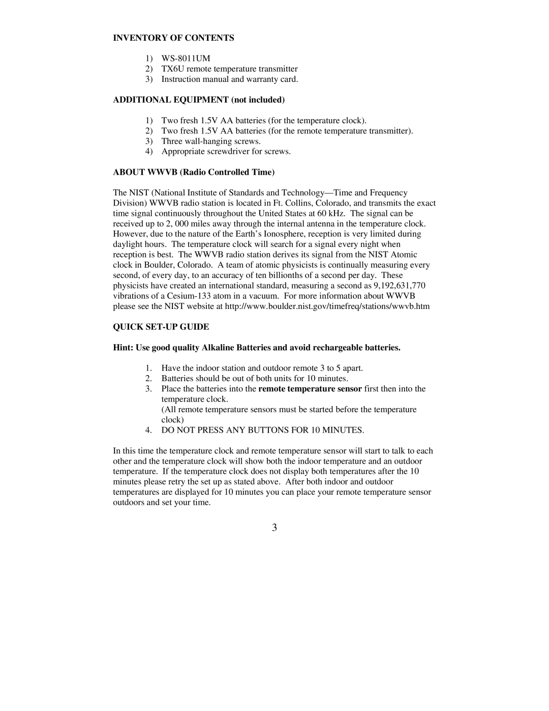 La Crosse Technology WS-8011UM instruction manual Inventory of Contents, Quick SET-UP Guide 