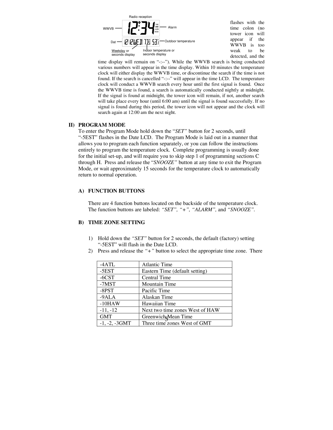 La Crosse Technology WS-8011UM instruction manual II Program Mode, Function Buttons, Time Zone Setting 