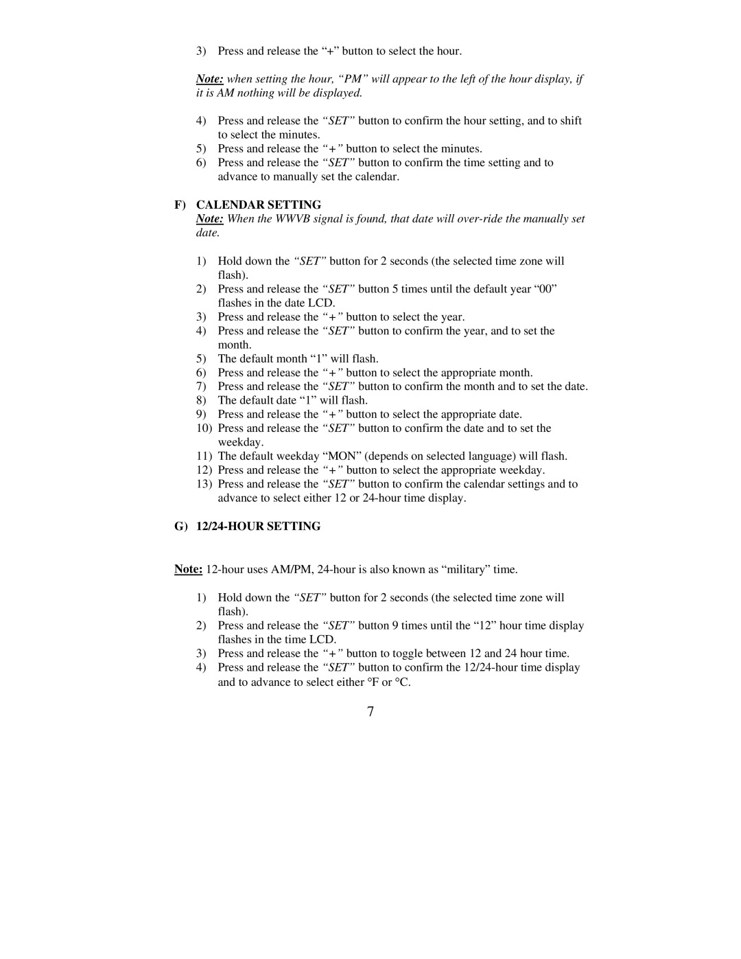 La Crosse Technology WS-8011UM instruction manual Calendar Setting, 12/24-HOUR Setting 