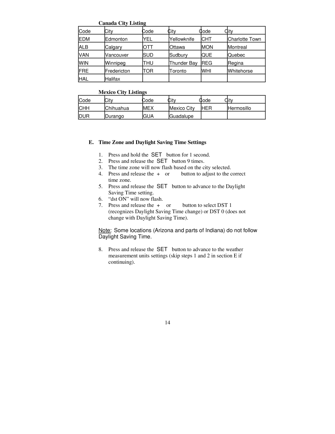 La Crosse Technology WS-8015U Canada City Listing, Mexico City Listings, Time Zone and Daylight Saving Time Settings 