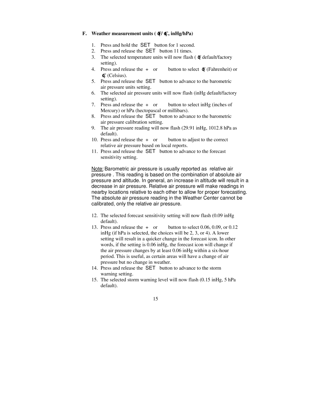 La Crosse Technology WS-8015U instruction manual Weather measurement units F/C, inHg/hPa 