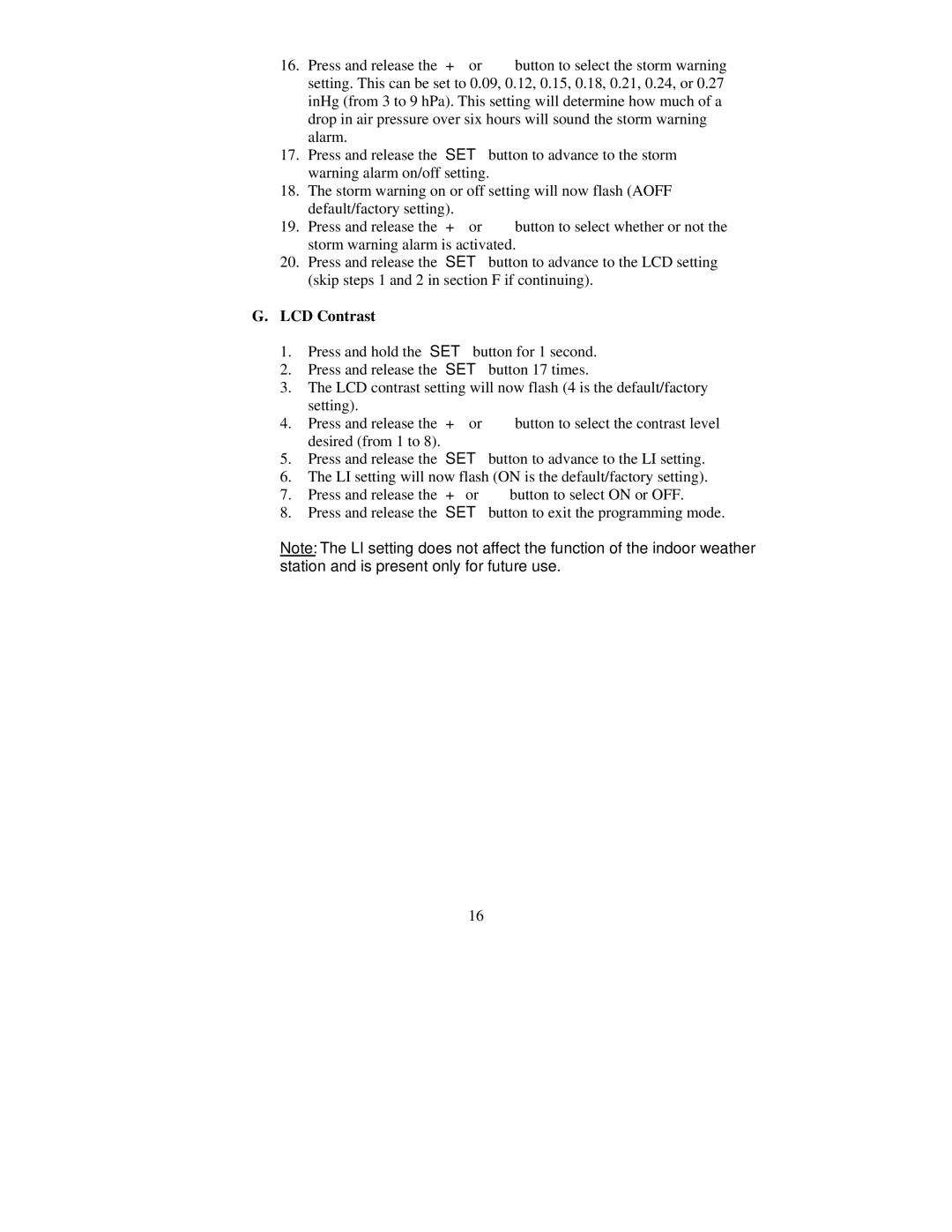 La Crosse Technology WS-8015U instruction manual LCD Contrast 