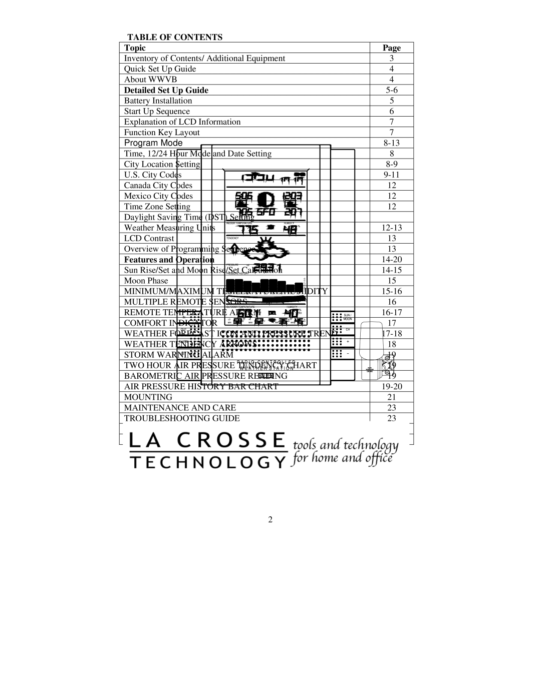 La Crosse Technology WS-8015U instruction manual Table of Contents 