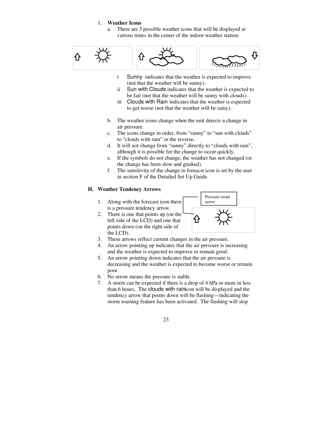 La Crosse Technology WS-8015U instruction manual Weather Icons, Weather Tendency Arrows 