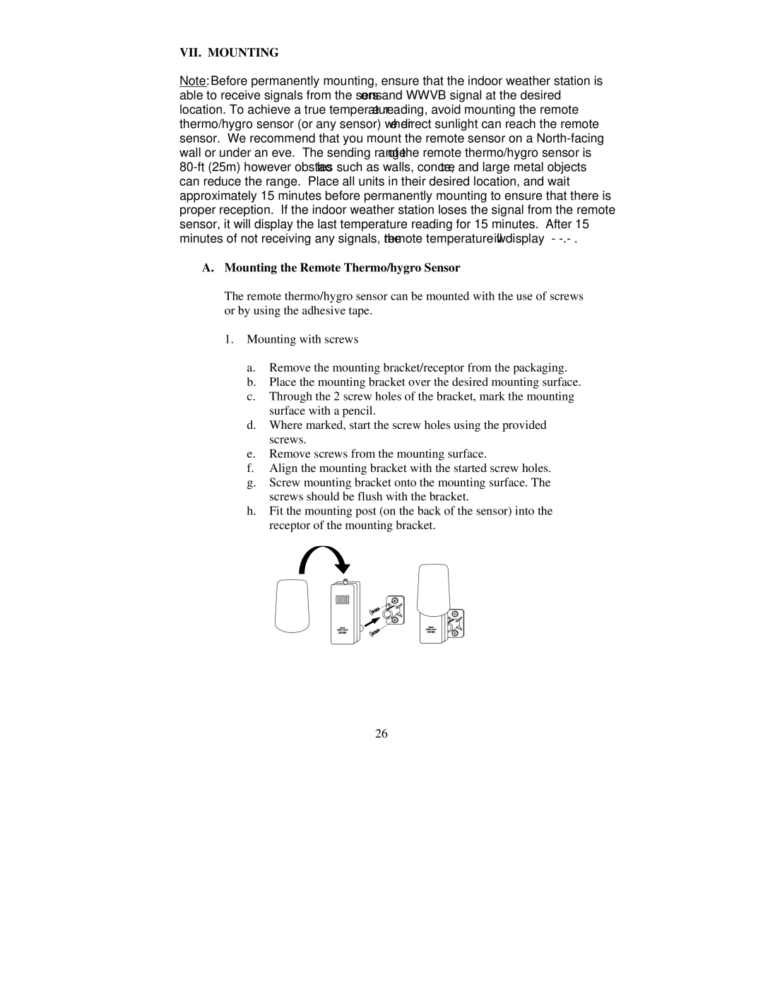 La Crosse Technology WS-8015U instruction manual VII. Mounting, Mounting the Remote Thermo/hygro Sensor 