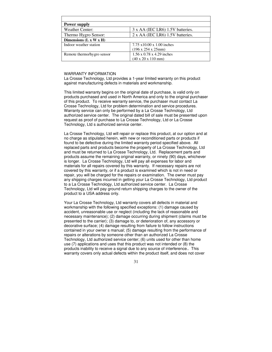 La Crosse Technology WS-8015U instruction manual Power supply, Dimensions L x W x H 