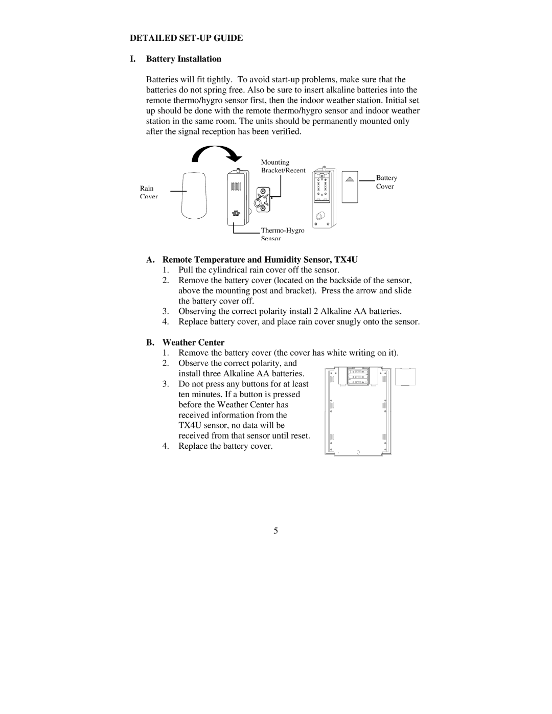 La Crosse Technology WS-8015U Detailed SET-UP Guide, Battery Installation, Remote Temperature and Humidity Sensor, TX4U 