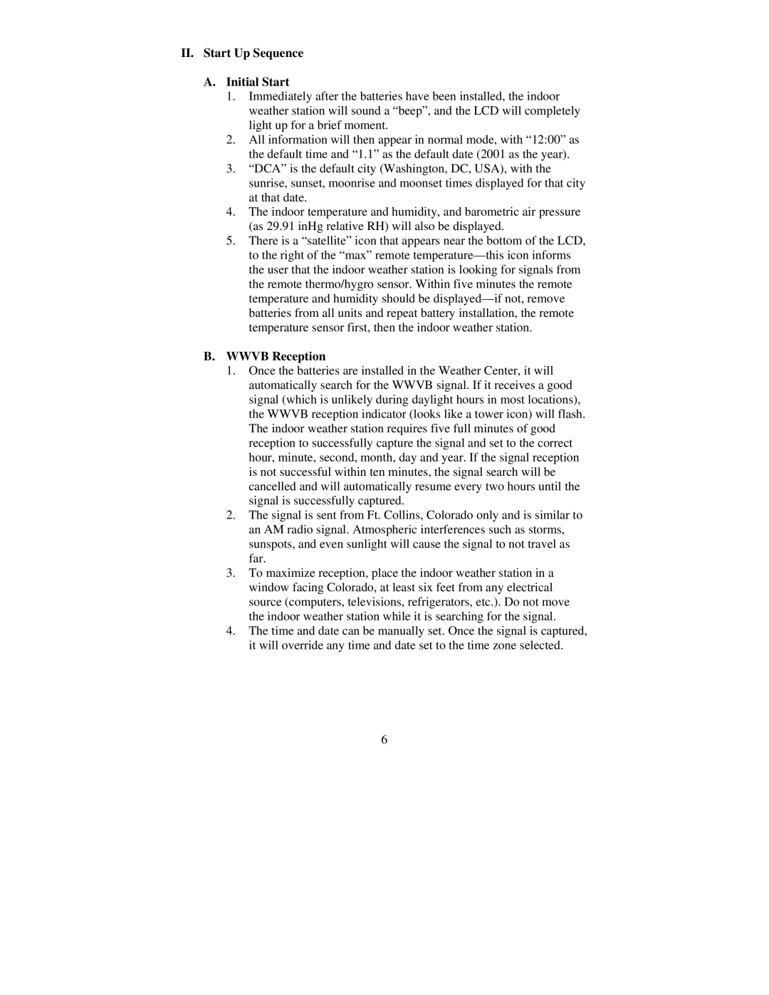 La Crosse Technology WS-8015U instruction manual II. Start Up Sequence Initial Start, Wwvb Reception 