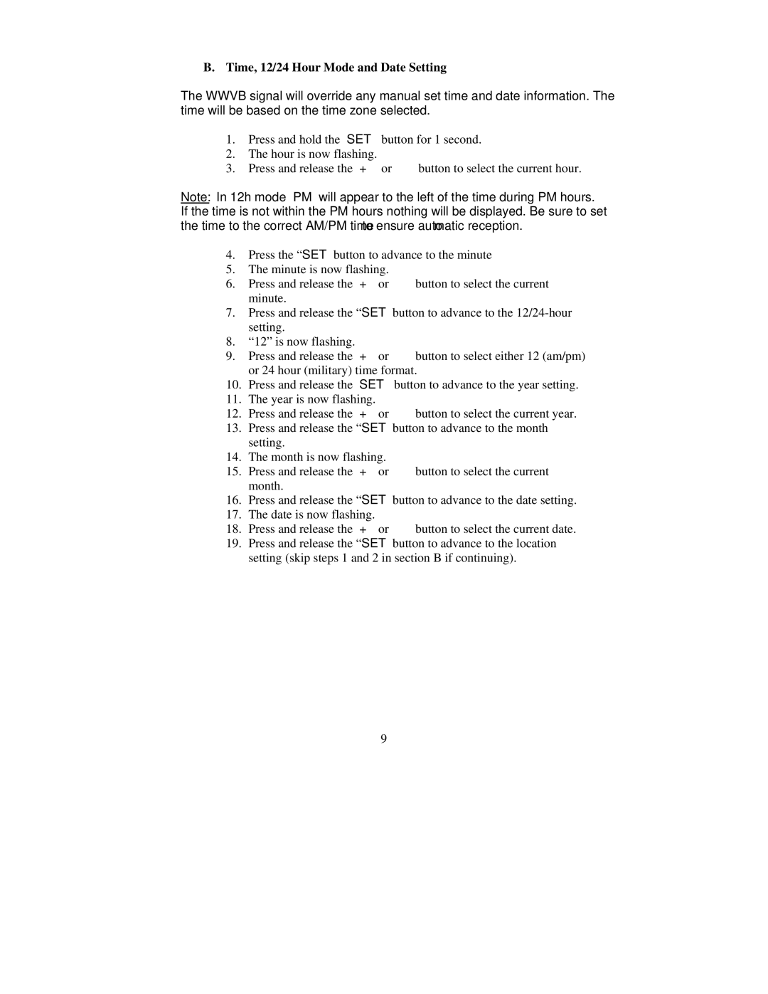 La Crosse Technology WS-8015U instruction manual Time, 12/24 Hour Mode and Date Setting 