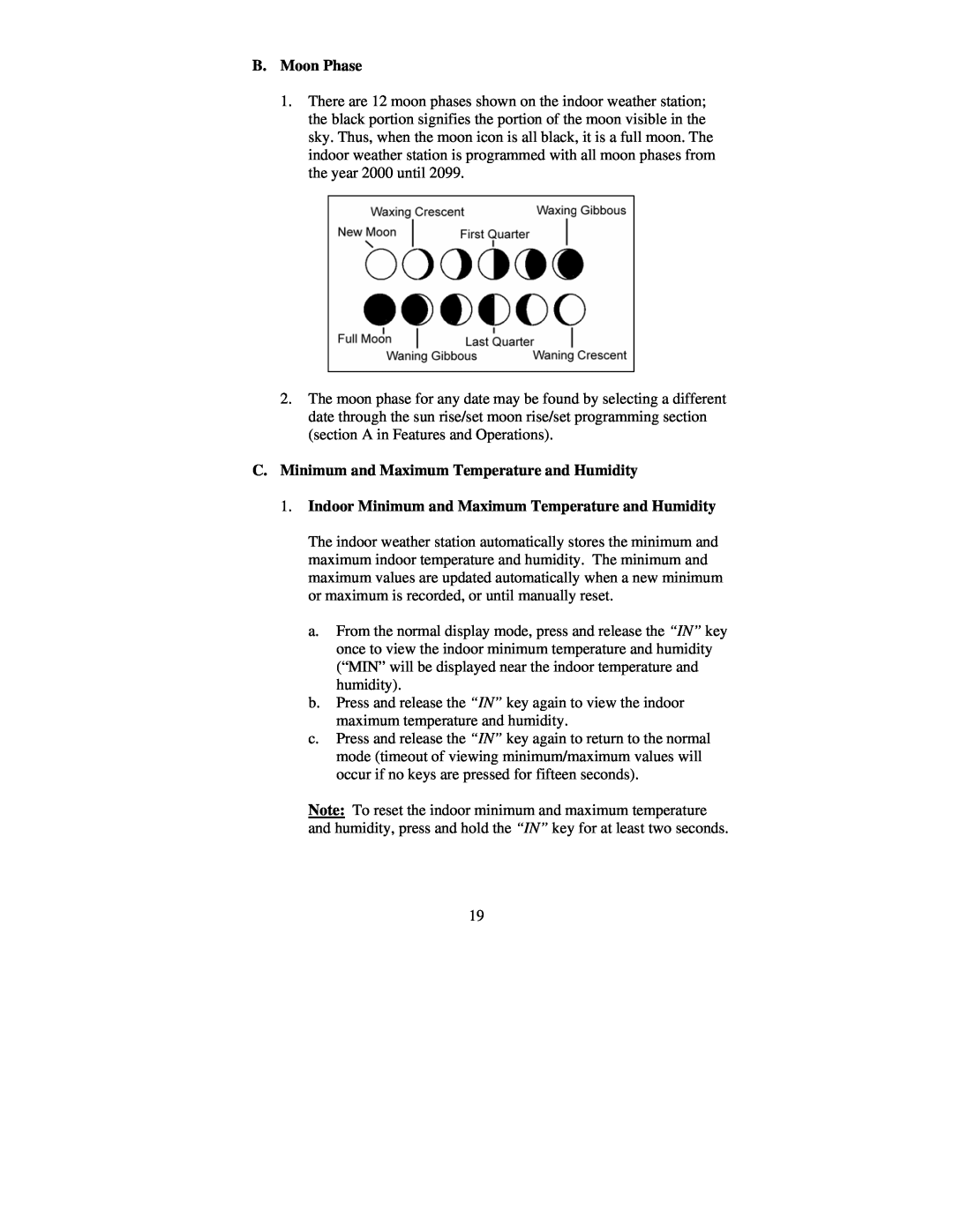 La Crosse Technology WS-8015U instruction manual B.Moon Phase, C.Minimum and Maximum Temperature and Humidity 