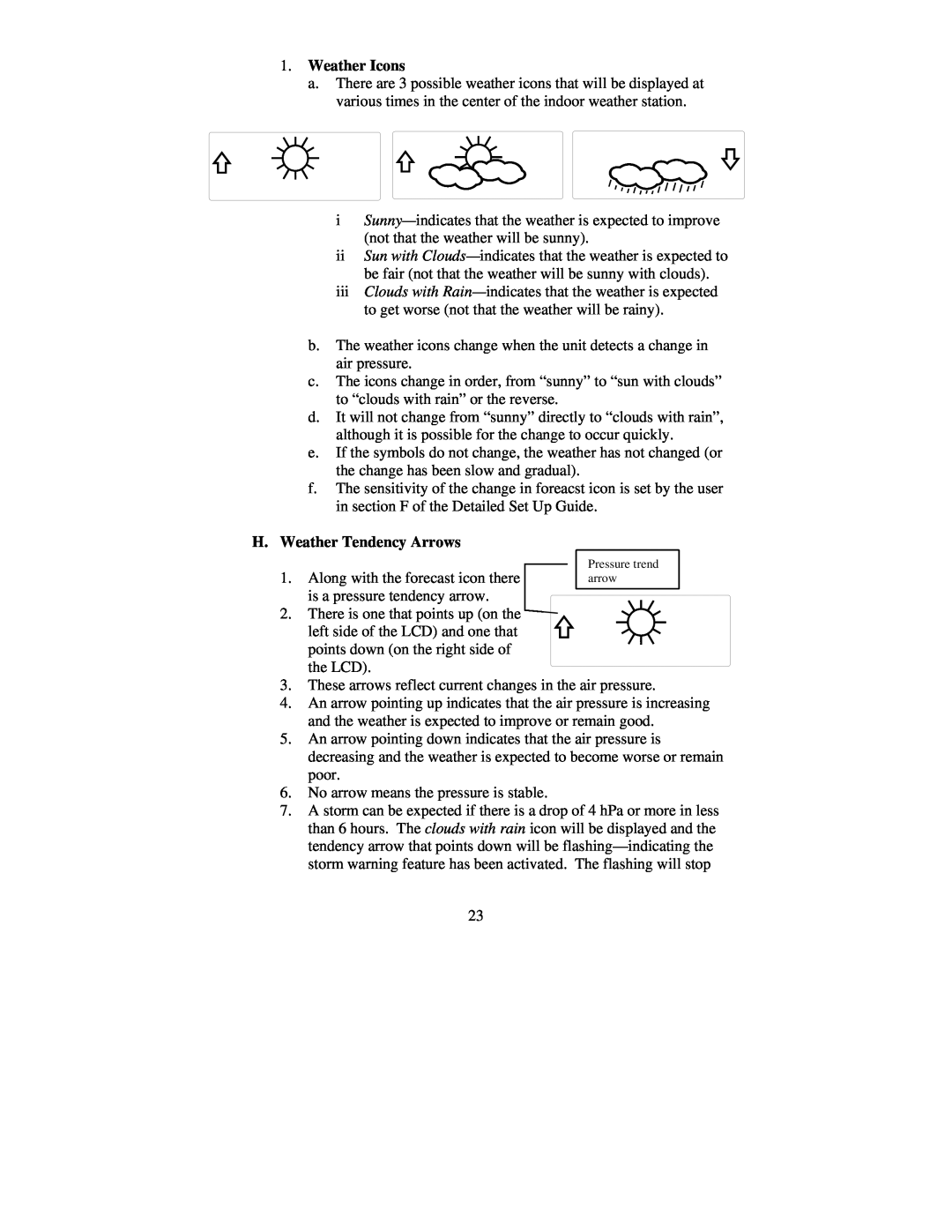 La Crosse Technology WS-8015U instruction manual Weather Icons, H.Weather Tendency Arrows 