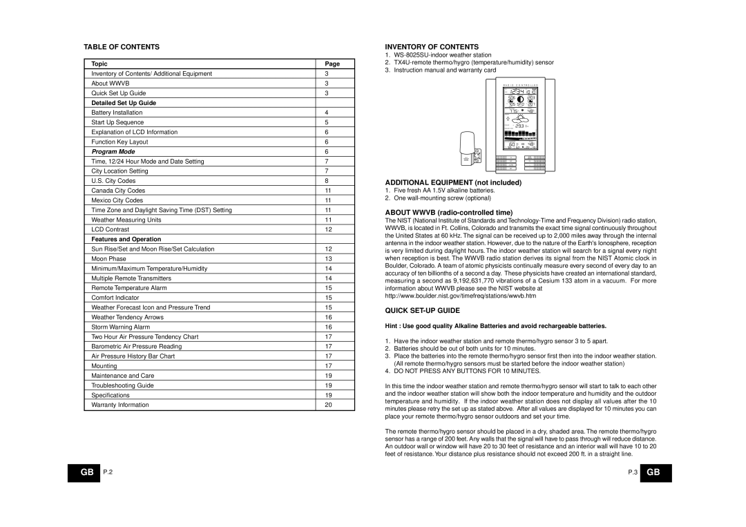 La Crosse Technology WS-8025SU instruction manual Table of Contents, Inventory of Contents, Quick SET-UP Guide 