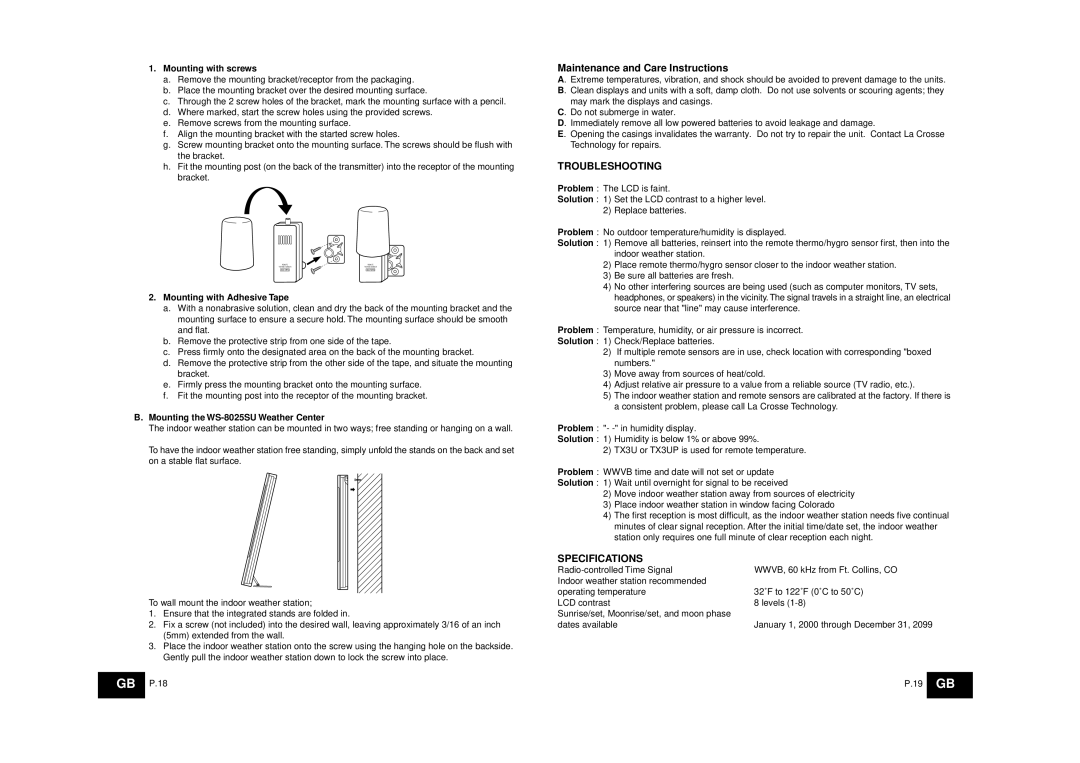 La Crosse Technology WS-8025SU Troubleshooting, Specifications, Mounting with screws, Mounting with Adhesive Tape 