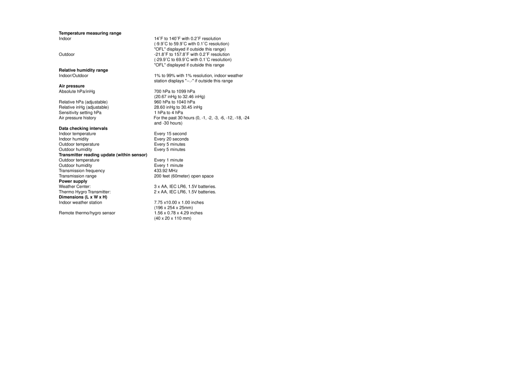 La Crosse Technology WS-8025SU Temperature measuring range, Relative humidity range, Air pressure, Data checking intervals 