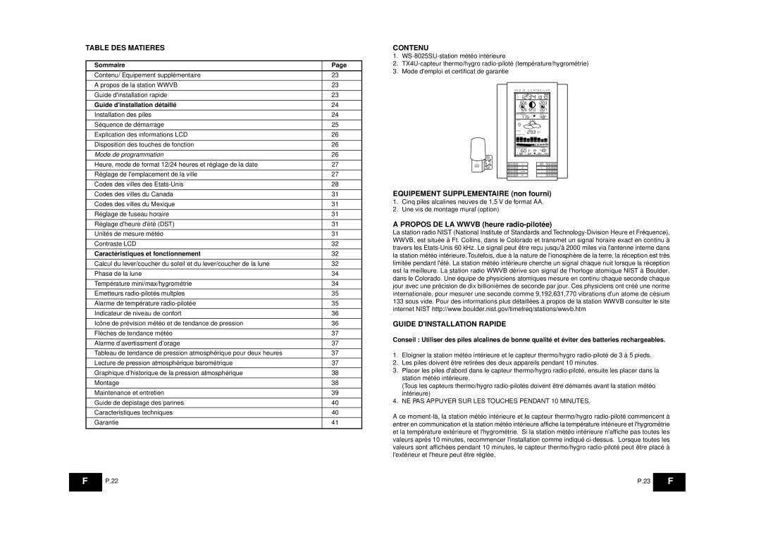 La Crosse Technology WS-8025SU instruction manual Table DES Matieres, Contenu, Guide Dinstallation Rapide 