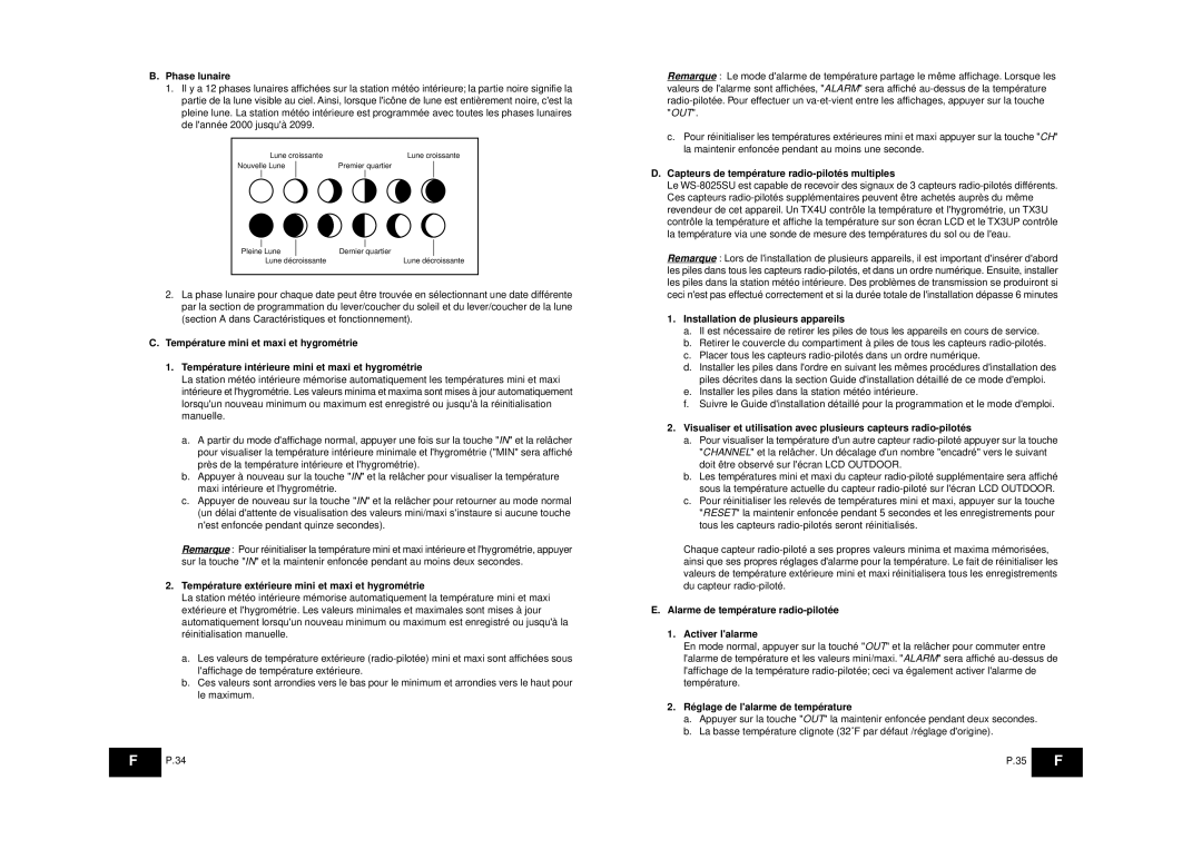 La Crosse Technology WS-8025SU instruction manual Phase lunaire, Température extérieure mini et maxi et hygrométrie 