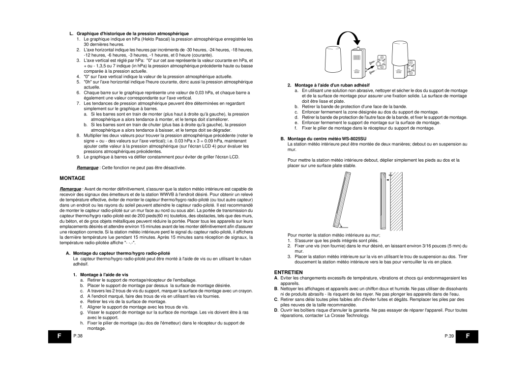 La Crosse Technology WS-8025SU instruction manual Montage, Entretien 