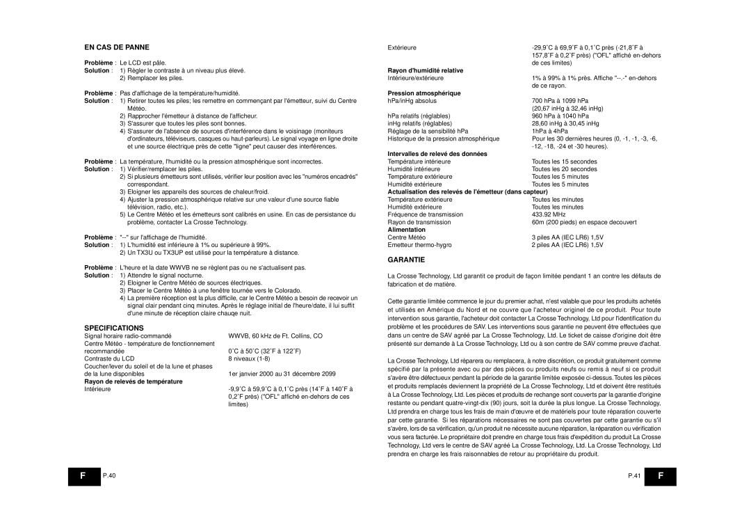 La Crosse Technology WS-8025SU instruction manual EN CAS DE Panne, Garantie Specifications 