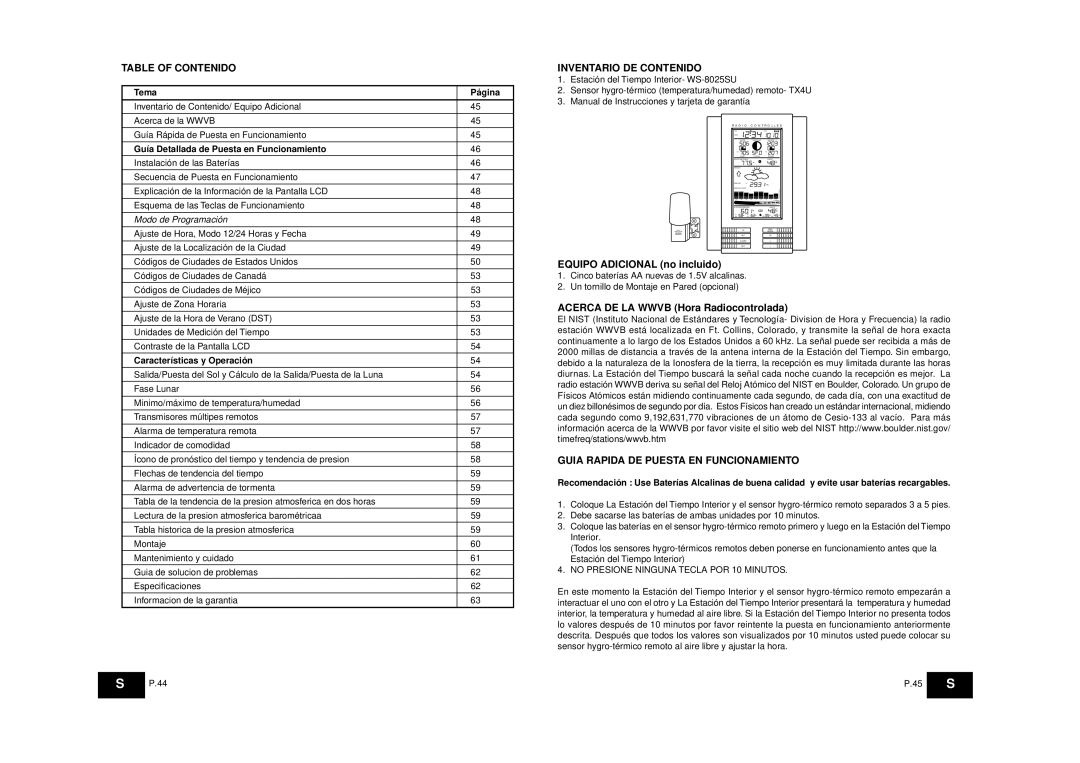 La Crosse Technology WS-8025SU Table of Contenido, Inventario DE Contenido, Guia Rapida DE Puesta EN Funcionamiento 