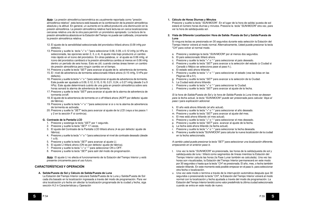 La Crosse Technology WS-8025SU instruction manual Características Y Operación, Contraste de la Pantalla LCD 