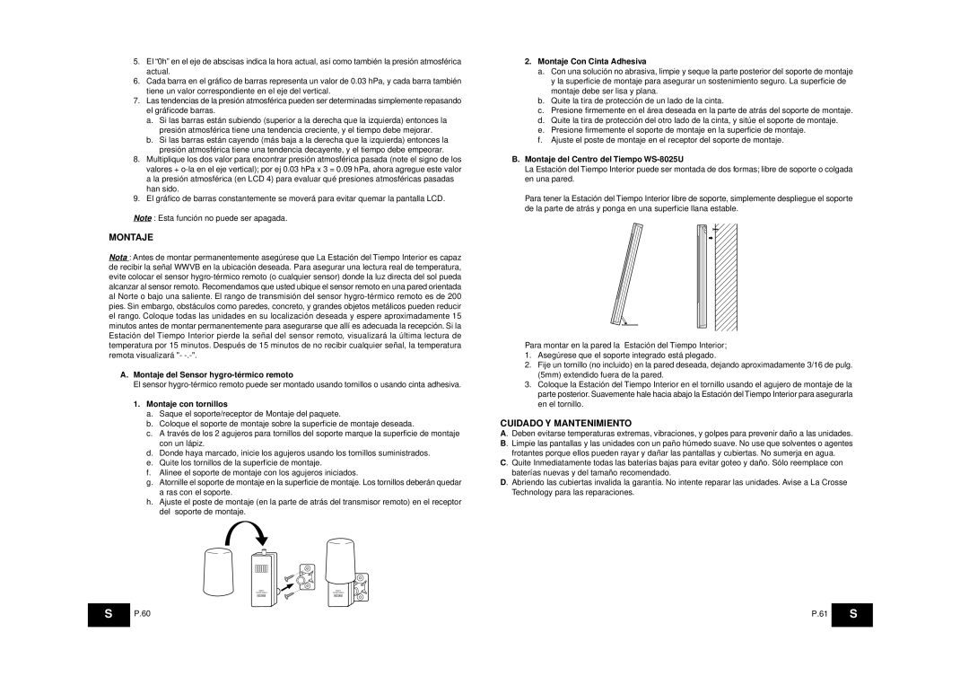 La Crosse Technology WS-8025SU instruction manual Montaje, Cuidado Y Mantenimiento 