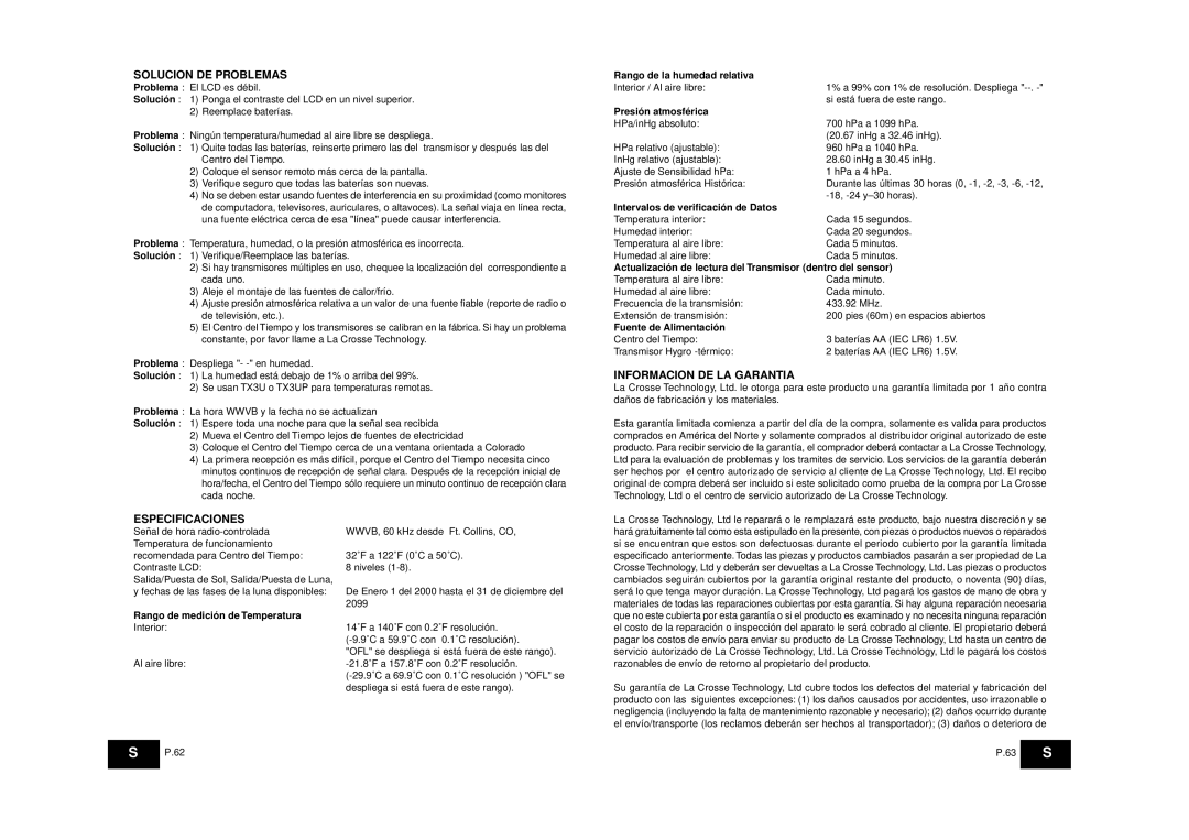 La Crosse Technology WS-8025SU instruction manual Solucion DE Problemas, Informacion DE LA Garantia Especificaciones 