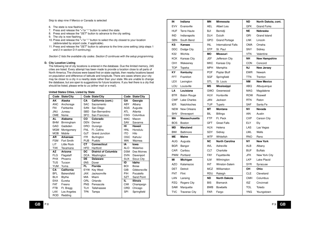 La Crosse Technology WS-8025SU City Location Listing, Alabama Colorado, Hawaii, Arkansas, Connecticut Iowa, Delaware, Ohio 