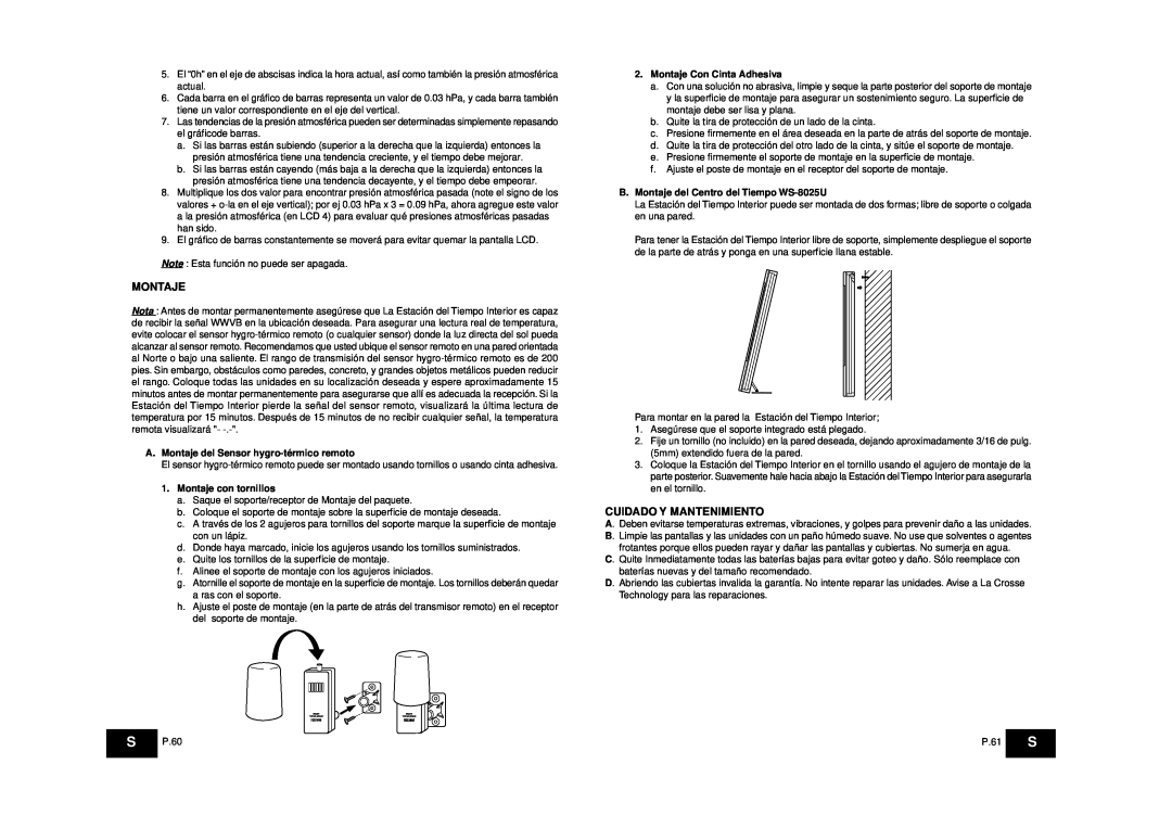 La Crosse Technology WS-8025SU instruction manual Cuidado Y Mantenimiento, A.Montaje del Sensor hygro-térmicoremoto 
