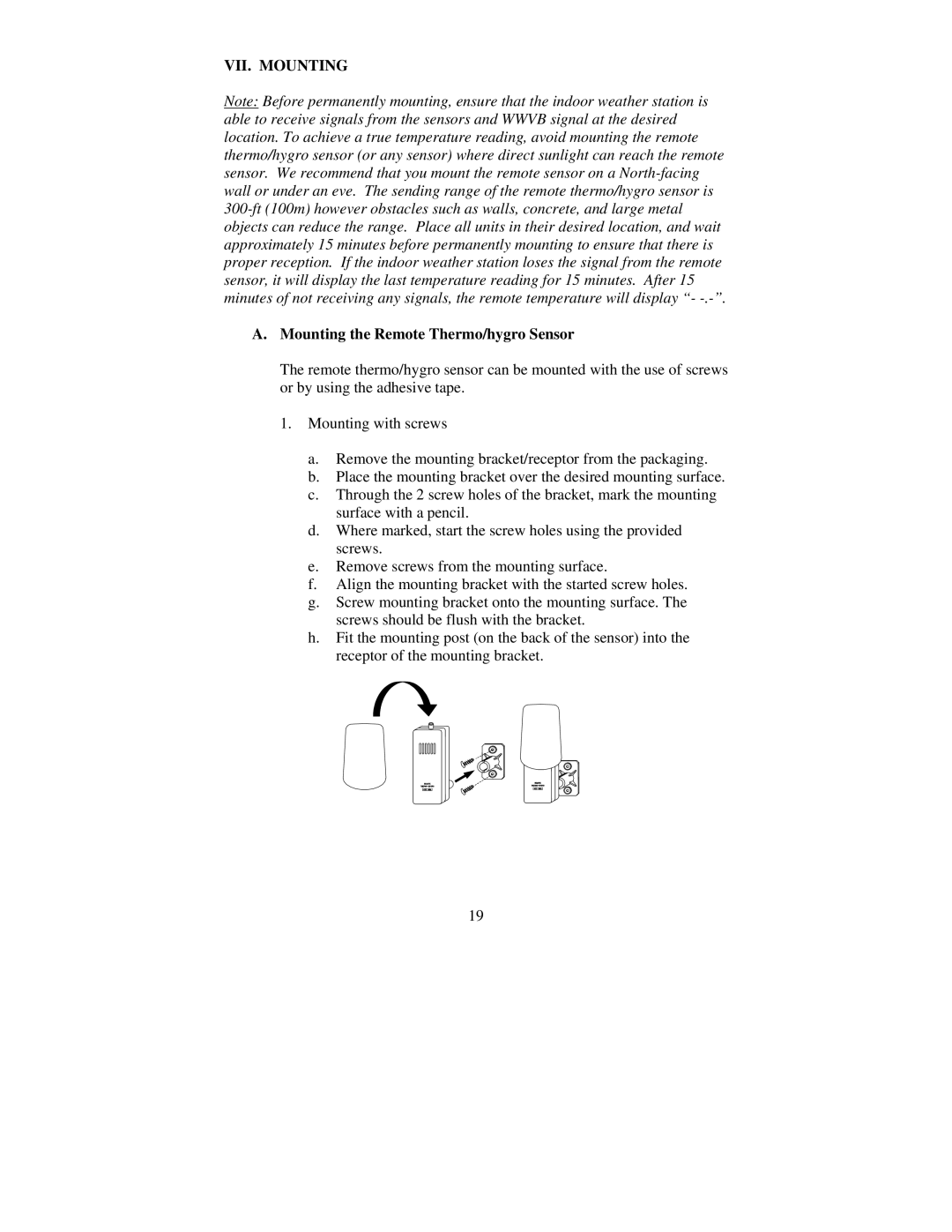 La Crosse Technology WS-8035 instruction manual VII. Mounting, Mounting the Remote Thermo/hygro Sensor 