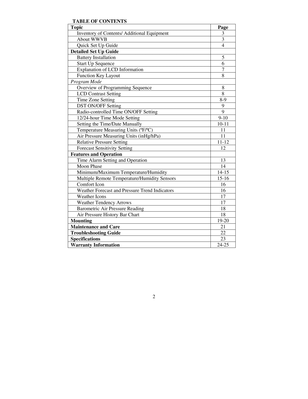 La Crosse Technology WS-8035 instruction manual Table of Contents 