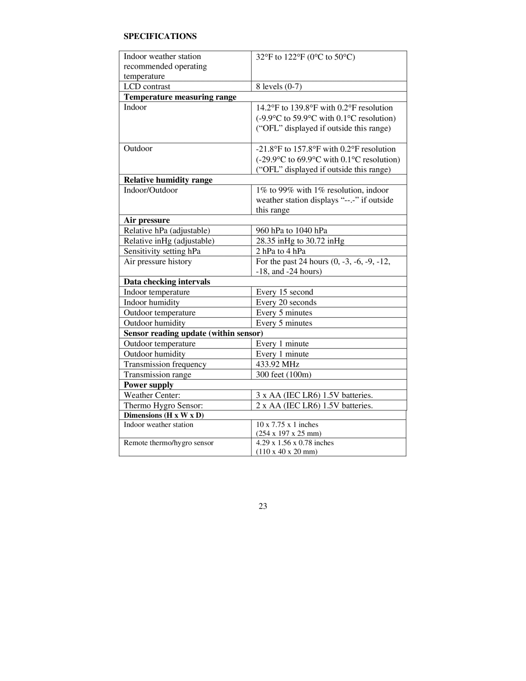 La Crosse Technology WS-8035 instruction manual Specifications 